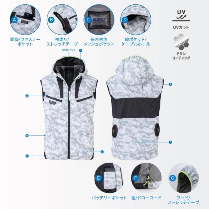 神風クールベスト LEDファン付き 空調風神服ベスト｜保冷剤用ポケット・ヘルメット対応フード付き