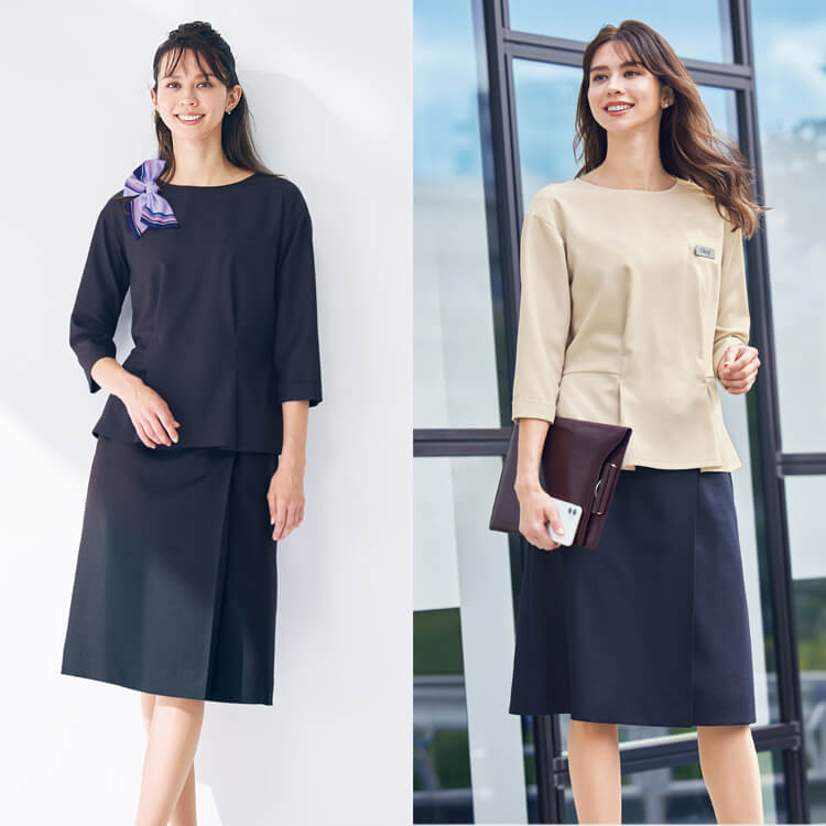 【事務服スカート夏用】 店舗ユニフォーム・ロング丈65㎝・ストレッチ・家庭洗濯可・ネイビー（当社制服でも着用してます！）