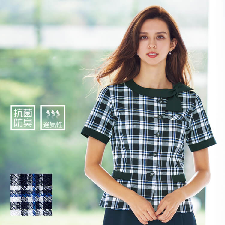 【事務服夏用 オーバーブラウス】 店舗ユニフォーム ・家庭洗濯可・ネイビー×ブルーチェック