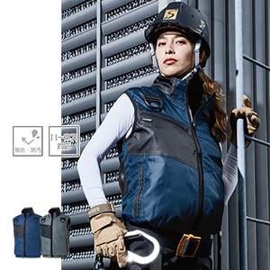 【空調風神服用ベスト】フルハーネス対応「ファン脱落防止ネット付き」撥水・M～5L  ネイビー/グレー  作業着のみ