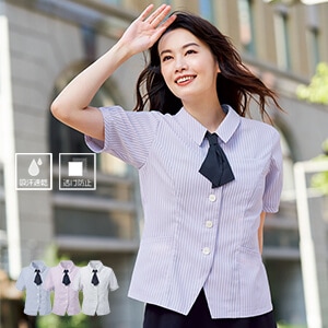 【事務服ブラウス半袖】 「リボン付き」 店舗ユニフォーム夏用 ・吸汗速乾・防汚・透け防止　 5号～19号 3色 (KAHESA836)