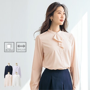 【会社制服フリルブラウス】 ストレッチ・透け防止・環境配慮エコ素材 5号～23号 4色/事務服シャツ