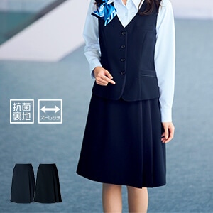 【事務服スカート 後ろゴム】 オールシーズン素材・ストレッチ・プリーツスカート・家庭洗濯可・2色 店舗ユニフォーム