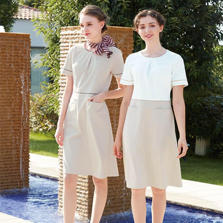 【エステサロン制服 ワンピース】 透け防止・抗菌加工・制電防汚  S～EL ベージュ/オフホワイト