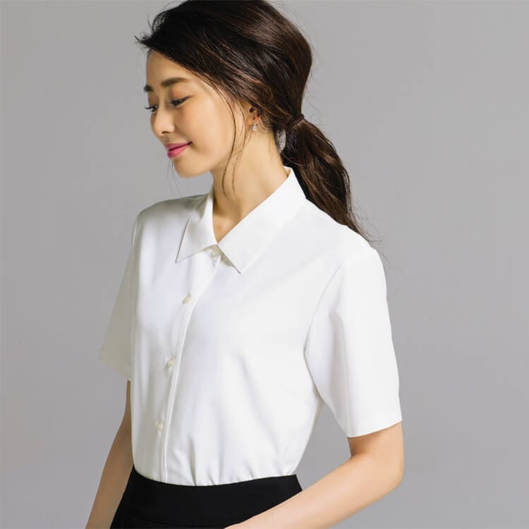 【事務服ブラウス半袖】 ストレッチ・透け防止・防汚加工・UVカット 3色 店舗制服シャツ女性用/セロリー (SEL3649)