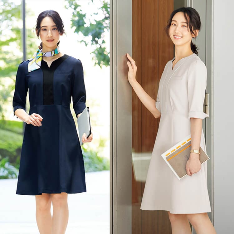 【医療事務制服 ワンピース】 5分袖丈・透け防止・吸汗速乾・制電・家庭洗濯可 2色/ホテル受付制服 SS～4L