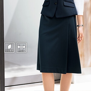 【事務服スカート ストレッチ】丈長め 60cm・ニット素材「軽量＆抗菌」ECO素材 5～21号 ネイビーストライプ  店舗制服/オフィスユニフォーム