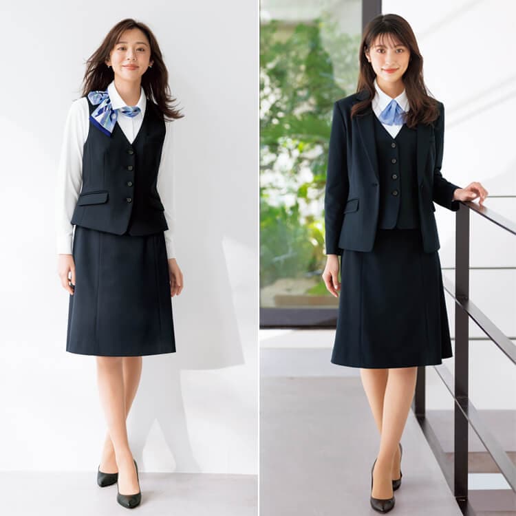 【事務服スカート Aライン】 丈 56cm ニット素材 ストレッチ・軽量・抗菌裏地・ECO素材 5～21号 ネイビーストライプ  店舗制服/オフィスユニフォーム