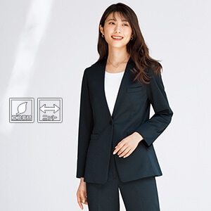 【事務服ノーカラージャケット ストレッチ】ニット素材 軽量・抗菌裏地・ECO素材 5～21号 ネイビーストライプ  店舗制服/オフィスユニフォーム