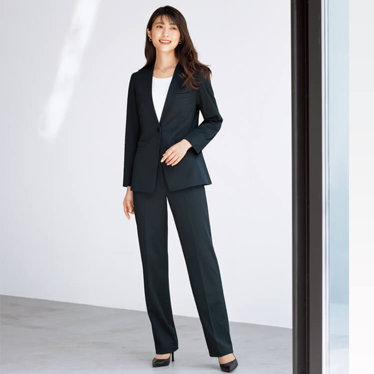 【事務服パンツ ストレッチ】 ニット素材 軽量・抗菌裏地・ECO素材 5～21号 ネイビーストライプ  店舗制服/オフィスユニフォーム