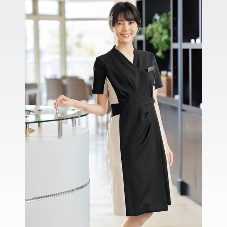 【エステユニフォームワンピース】 ストレッチ・吸汗速乾・防透け S～L 2色/エステティシャン制服