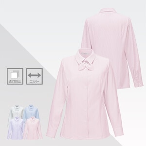 【事務服ブラウス】 共布リボン付き（2WAY) ストライプ ストレッチ・透け防止・防汚加工・UVカット 4色 店舗制服シャツ