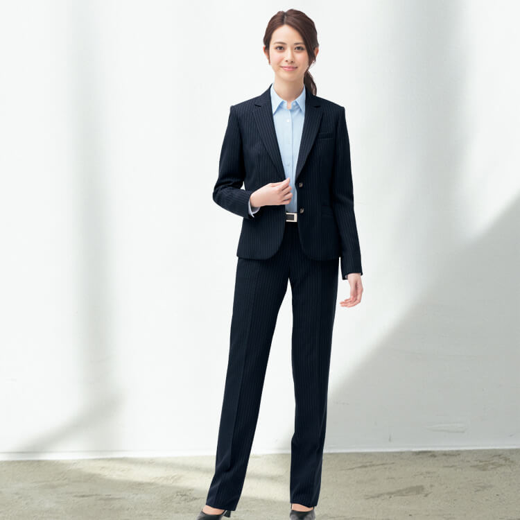 【オフィス制服パンツ】 裾上げ調整機能付 ストレッチ ・ 防汚加工 ・ （家庭洗濯可） 5号～19号 ダークネイビー/ストライプ 会社制服