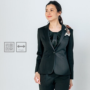 【ジャケット事務服】オールシーズン素材「ストレッチ＆抗菌防臭」家庭洗濯 5～17号 ブラック色  ホテル制服/コンシェルジュ (CHSAR4004)