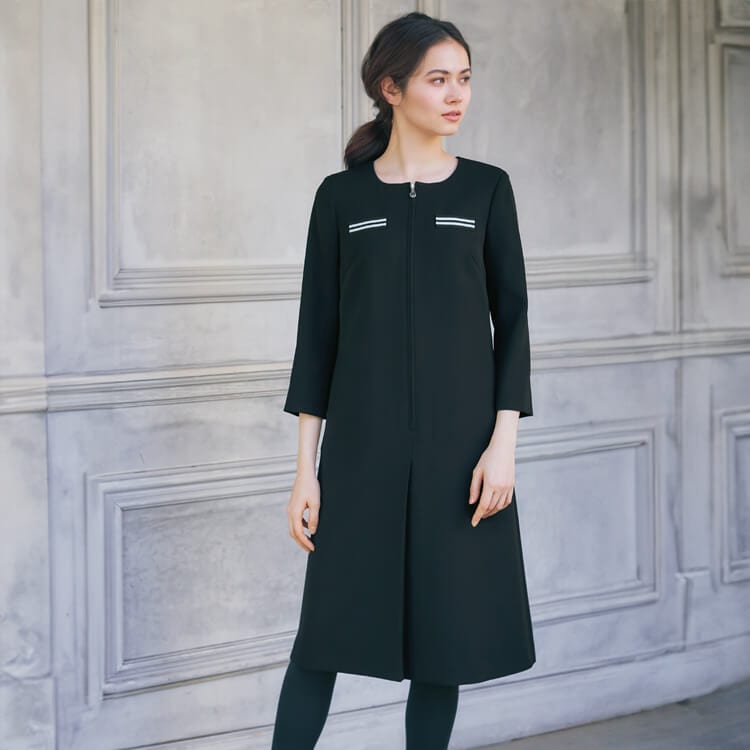 【ホテル受付制服ワンピース 七分袖】 ストレッチ・5～17号 ブラック  ショールーム接客制服/マリークワント