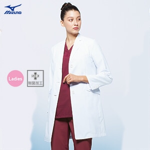 【ミズノドクターコート レディース】MIZUNO・シングル・長袖・透け防止・制電制菌/女性用白衣
