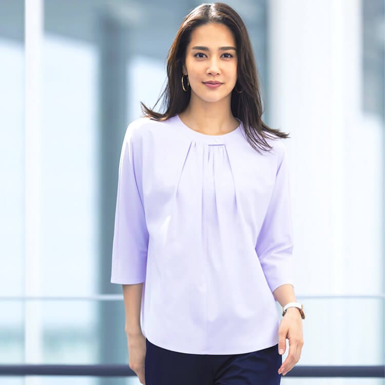 【オフィスブラウス】 七分袖カットソー・ストレッチ透け防止・エコ素材 4色  事務服/店舗制服