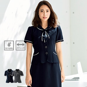 【事務服オーバーブラウス】 リボンタイ付 ストレッチ  エコ素材 家庭洗濯 5～25号 2色  夏の会社制服