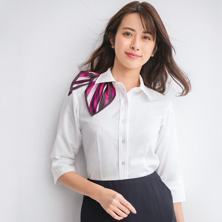 【事務服ブラウス 七分袖】enjoyスカーフループ付き・透け防止・イージーケア・ストレッチ 5～19号 3色/会社制服 (KAHESB659)