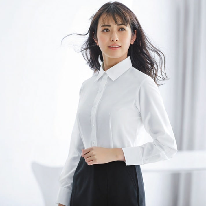 【事務服ブラウス長袖】enjoyスカーフループ付き「透け防止＆イージーケア」ストレッチ  5～19号 3色 / 販売員ユニフォーム