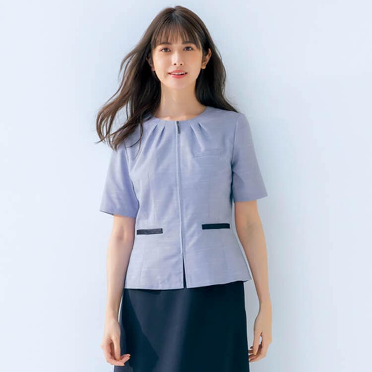 【事務服オーバーブラウス】 夏服店鋪受付制服・防汚抗菌防臭 5～17号 ブルー  グレー / オフィスユニフォーム