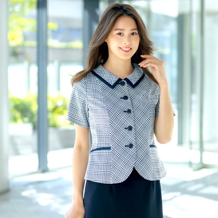 【事務服オーバーブラウス チェック柄】 「通気性抜群！」 夏服店鋪制服・ 吸汗速乾 接触冷感 5～19号 ネイビー