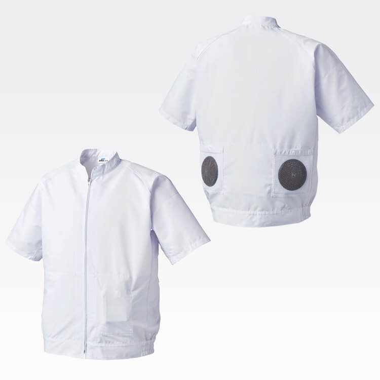 【食品工場作業着半袖 空調風神服用】S～5L「熱中症対策白衣」体毛落下防止ネット付き・夏服 / 白衣のみ