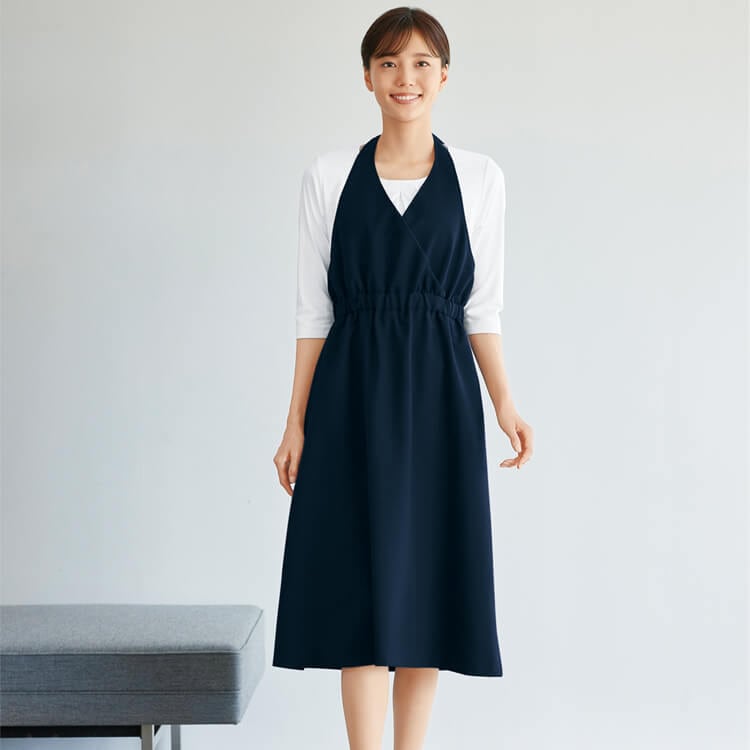 【レストラン制服 エプロンドレス】 ストレッチ 吸汗速乾 防透  サイズM・L  ブラック/ベージュ