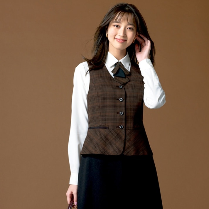 【事務服ベスト チェック柄】 ストレッチ・抗菌消臭・防汚抗ウイルス・ECO 家庭洗濯可 5～23号 ブラウン TioTio/セロリー