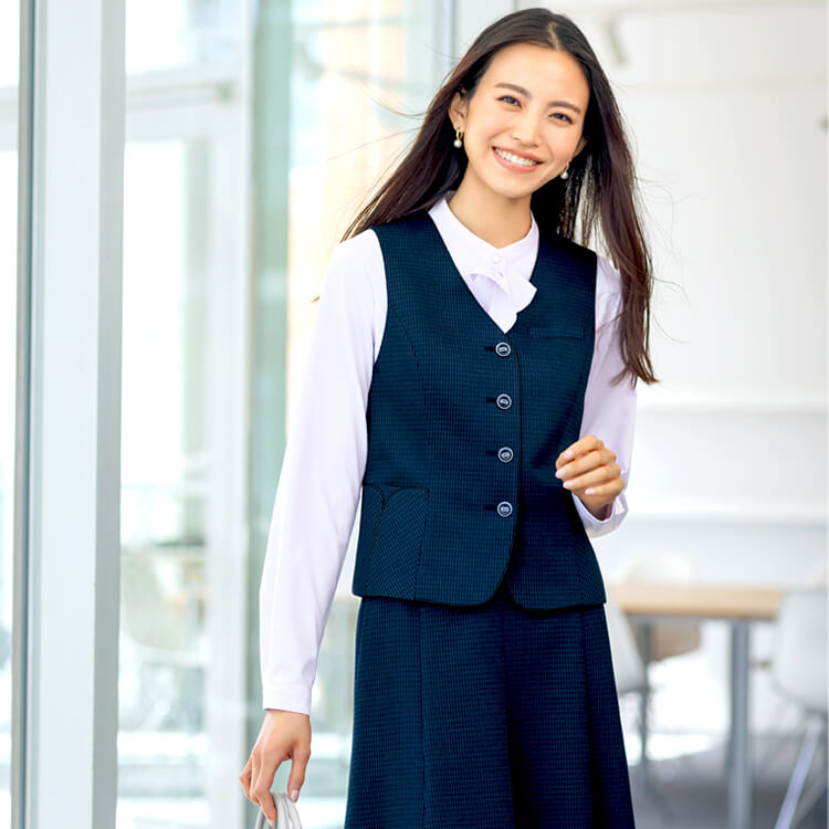 【事務服ベスト 千鳥柄】 ニットストレッチ・抗菌消臭・家庭洗濯可 5～23号  ネイビー グレー TioTio/セロリー