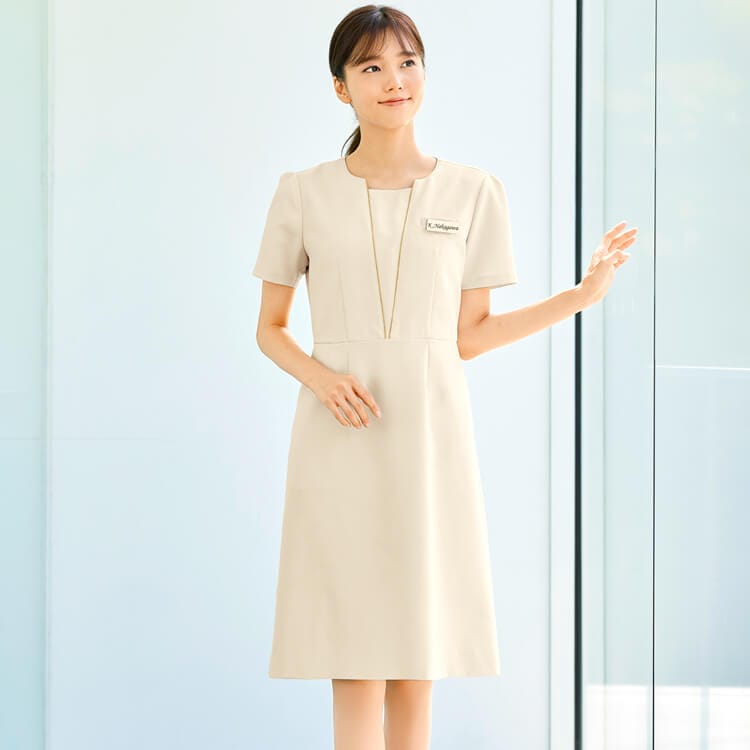 【エステ制服 ワンピース】 ストレッチ 吸汗速乾 防透 7号～15号 3色/エステティシャンユニフォーム