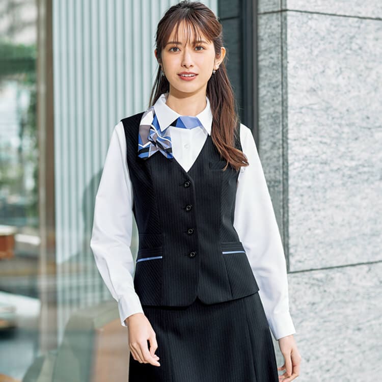 【事務服ベスト ストライプ柄】オールシーズン素材「ストレッチ＆抗菌裏地」 家庭洗濯可 5～21号 2色/会社制服