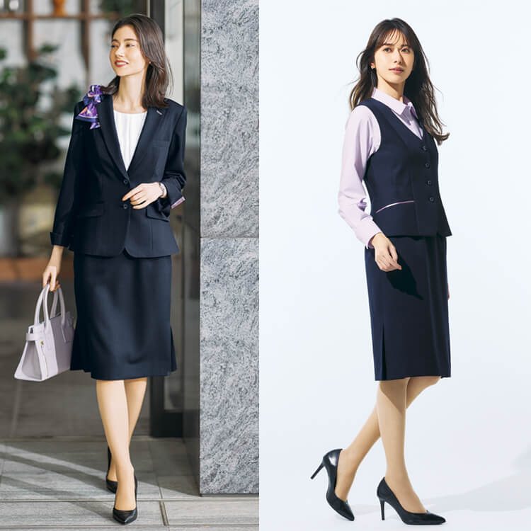 【上質】 23区 スカートスーツ 40 ストライプ柄 ネイビー 通勤 オフィス♪ 事務服スカート丈長めの通販－会社制服「ストレッチ＆抗菌防臭」店舗