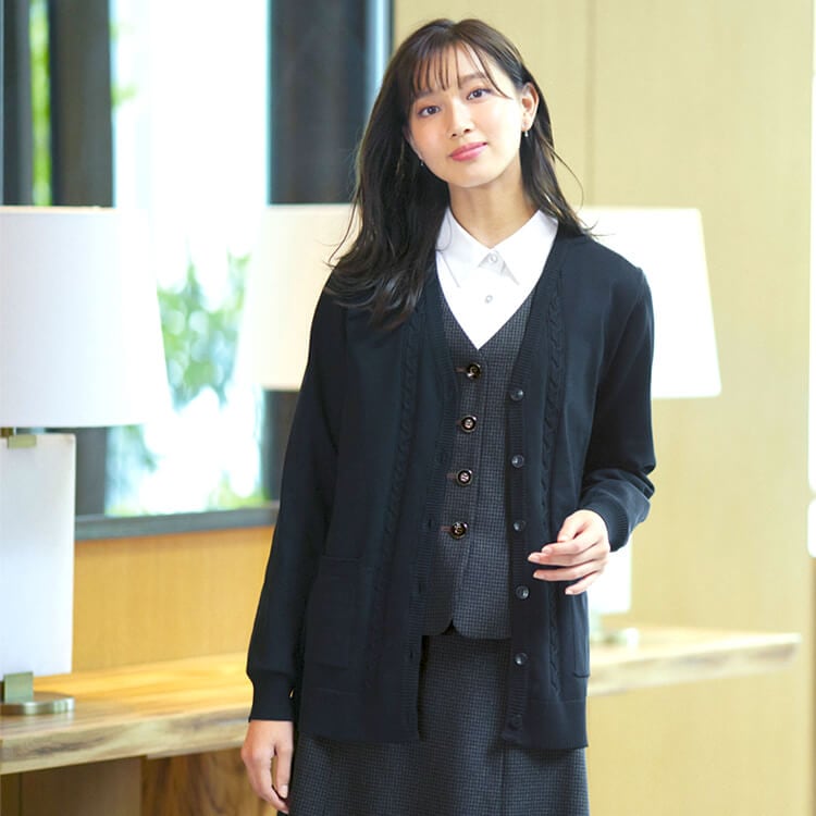 【事務服カーディガン ロング丈】 身丈68㎝（Mサイズ）軽量・抗菌防臭 エコ素材・ホームクリーニング可  グレー  ネイビー  ブラック / S～XL (BOMKK7126)