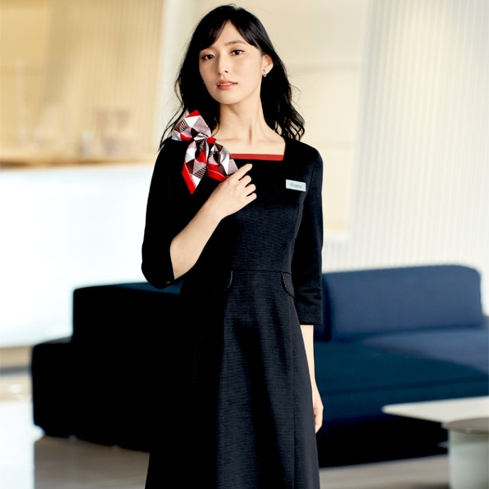 【受付制服ワンピース】 ニットストレッチ素材・防シワ 家庭洗濯可  5～19号 ネイビー/ブラック  ホテル制服/ショールーム