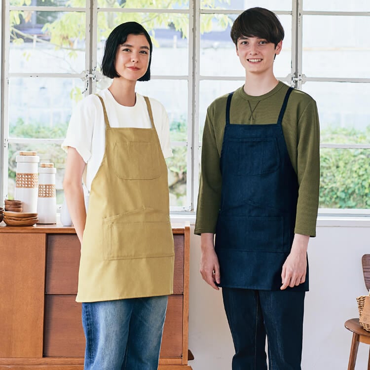 【店舗制服エプロン】 環境配慮素材・前中心丈 63cm ベージュ チャコール　ネイビー /飲食店ユニフォーム