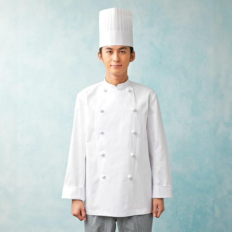 【コックコート綿100% 長袖】男女兼用 吸汗 S～6L ホワイト シェフ/厨房用白衣