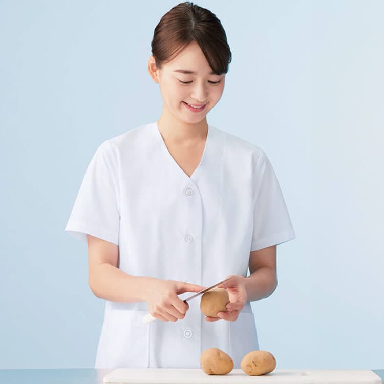 【調理白衣レディース半袖 衿ナシ】 和食店・吸汗・制菌 S～5L 2色 食堂厨房/蕎麦屋調理衣