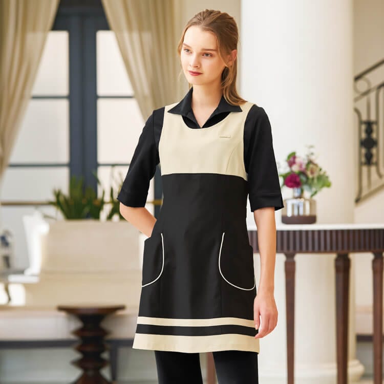 【エステサロン制服 エプロンドレス】 ストレッチ・吸汗速乾・防透制電・制菌防汚 サイズM・L  ブラック×ライトベージュ