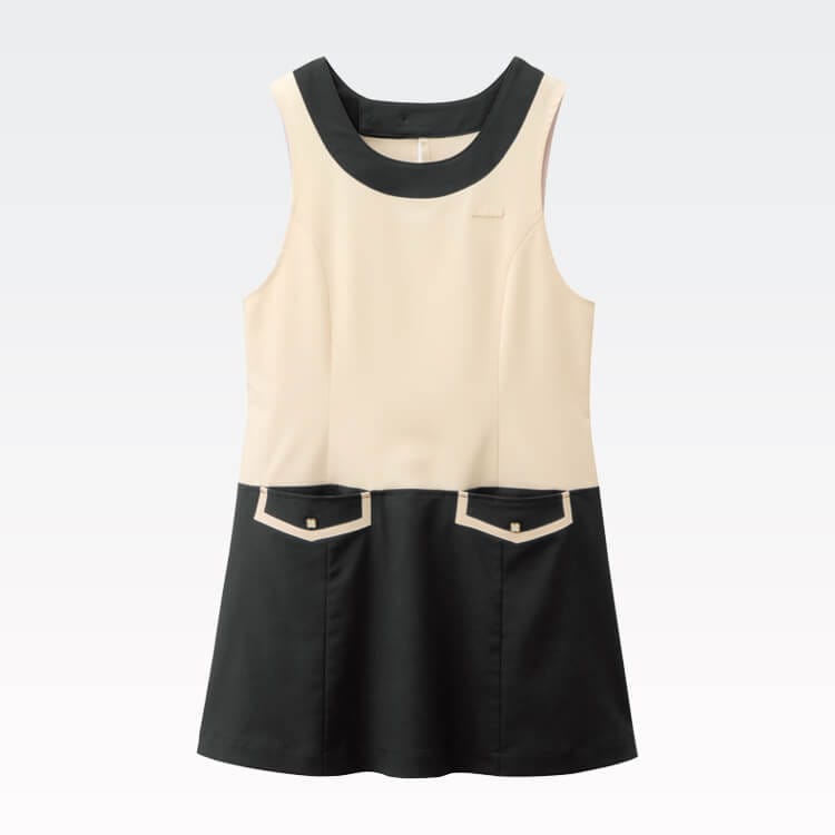 【エステサロン制服 エプロンドレス】 ストレッチ 吸汗速乾 防透 制電 制菌 防汚 M・L  ブラック×ライトベージュ/ツートン
