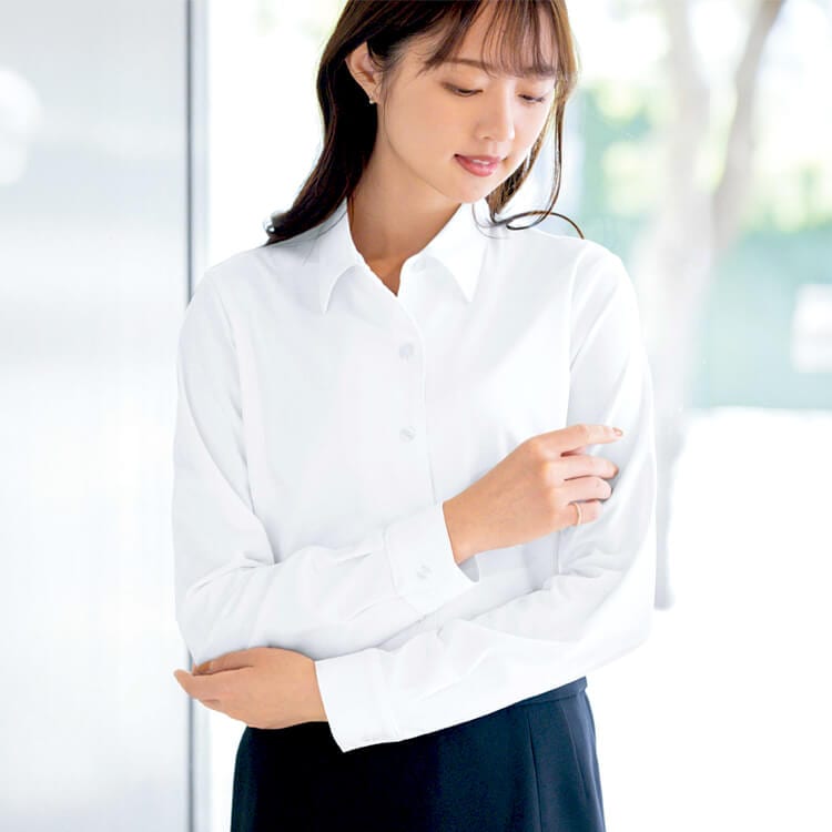 【事務服ブラウス 長袖】 抗菌防臭・ニットストレッチ・吸汗速乾・防汚加工・ノーアイロン 5～23号 4色/会社制服