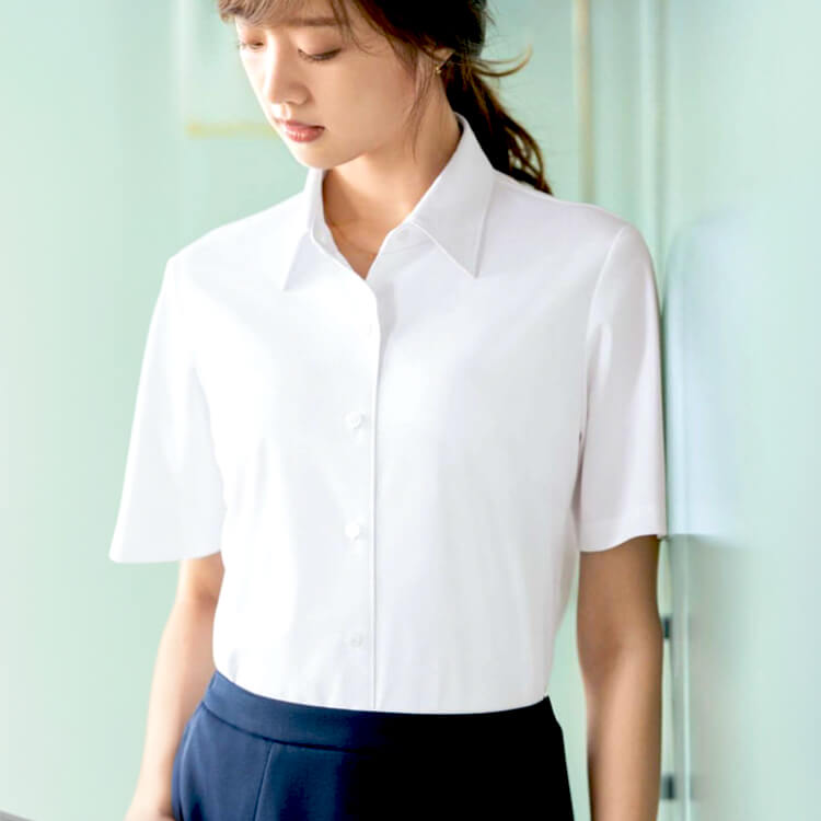 【事務服ブラウス 半袖】 抗菌防臭・ニットストレッチ・吸汗速乾・防汚加工・ノーアイロン 5～23号 4色 /会社制服