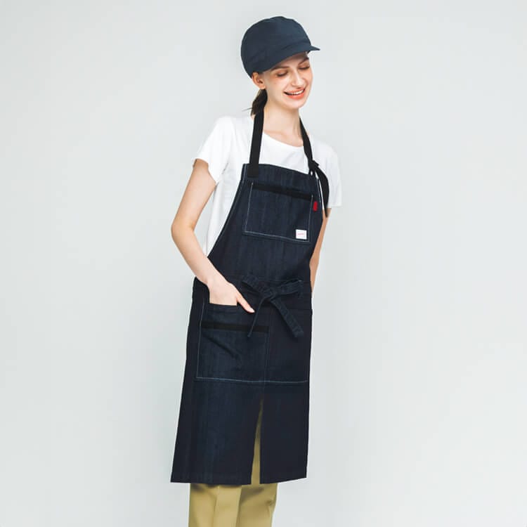 【エプロン制服 胸付き】 綿100% 国産デニム素材 フリー 店鋪ユニフォーム/CANTON (AHHSBPU2002)
