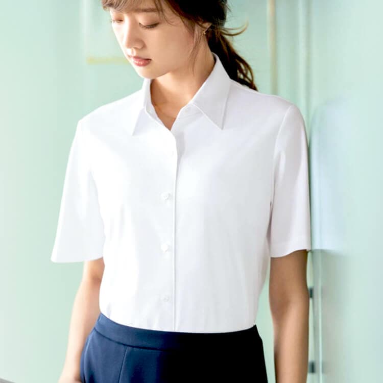 【飲食店ブラウス 半袖】 抗菌防臭・ニットストレッチ・吸汗速乾・防汚加工・ノーアイロン 5～23号 4色/業務用シャツ (YASU82150)