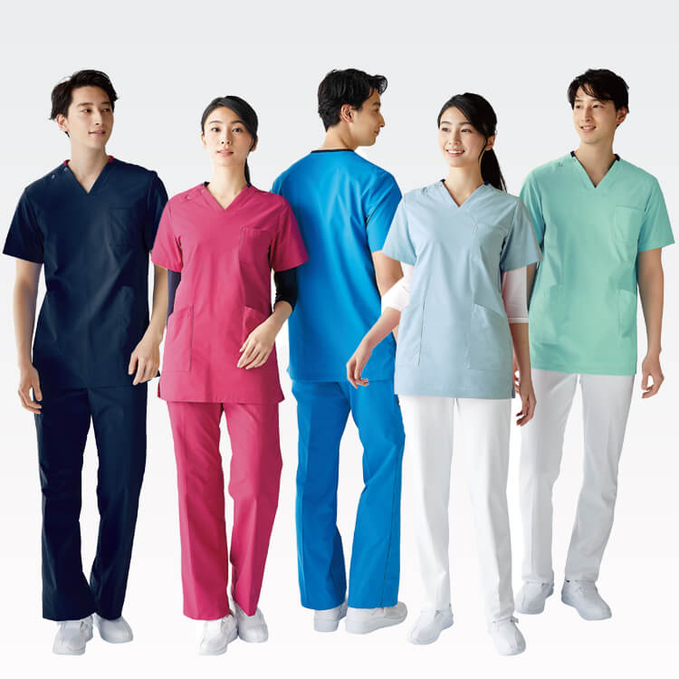 【介護スクラブ】男女兼用・ストレッチ・制菌制電・吸汗速乾  S～3L（SS、4L～9L対応可） 7色 / ケアヘルパーユニフォーム