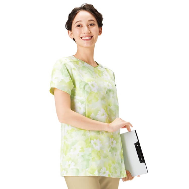 【介護スクラブレディース 花柄】 「ファスナー仕様」  S～4L　3色　/ ケアヘルパーユニフォーム