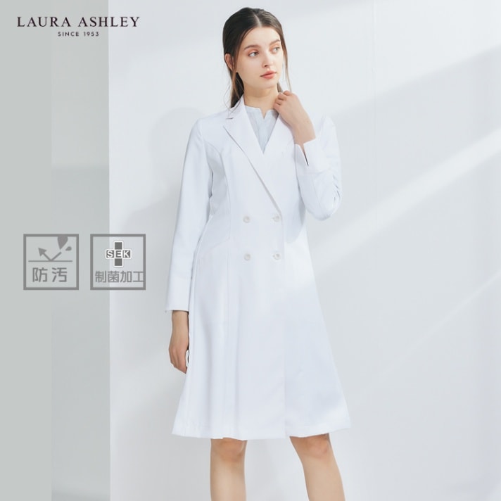 【ドクターコート レディース】 女性用白衣・ダブル「ウェストラインを絞ったシルエット！」 SEK赤 S～3L ローラアシュレイ/診察衣