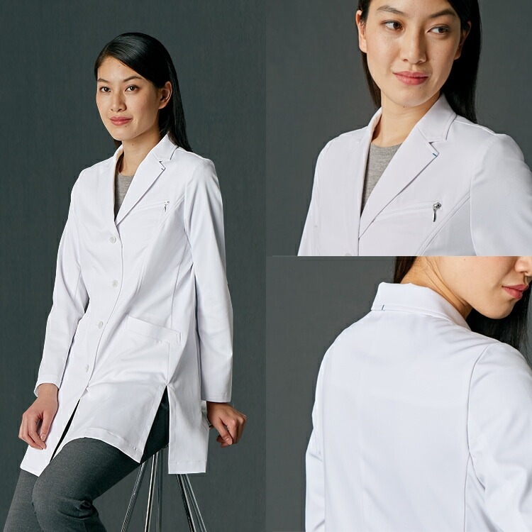 【ドクターコートレディース】 「軽量ストレッチ！」 サイドスリット・ステッチアクセント S～３L 診察着女性用/コシノジュンコ