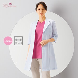 【ドクターコートレディース シングル】 六分袖 「花柄裏地」 袖口スリット・縦横ストレッチ・オフホワイト S～３L/女性用白衣