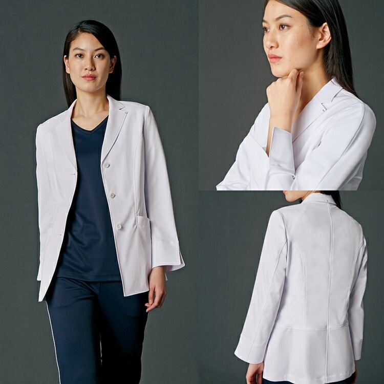 【ドクタージャケット白衣 レディース】 袖スリット・ブルーステッチ 「軽量ストレッチ」 透け防止 S～3L/診察着女性用